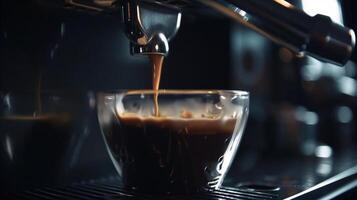 de cerca de Café exprés torrencial desde café máquina. profesional café fabricación de cerveza, generativo ai foto