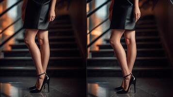 mujer piernas y vistiendo negro alto tacones , generativo ai foto