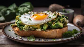 Croissant avocado toast with spinach and fried eggs. Healthy breakfast, photo