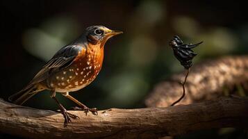 Beautiful background image of a wild robin  with stunning colors and a monarch butterfly standing on a branch, generative ai photo