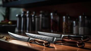 Set of knives on table in kitchen, photo