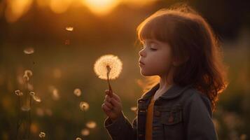 Little Girl Blowing Dandelion Flower At Sunset - Defocused Background, photo