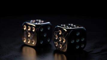 Two black rolling gambling dice on dark background, photo