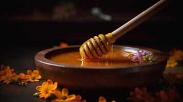 Honey dripping from honey dipper in wooden bowl. Healthy organic Thick honey dipping from the wooden honey spoon. Flowers and jar on the table, generative ai photo