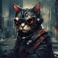 This is a cyberpunk cat. It wears a black jacket and suspenders, with red pupils and black glasses. It was carrying a silver weapon and had a fierce expression and sharp eyes, photo