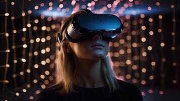 Woman wearing a VR headset, she is interacting with virtual reality and exploring the metaverse, photo