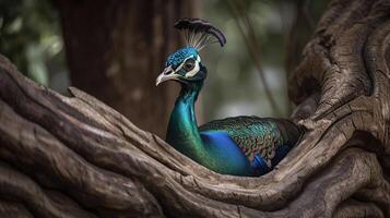 A real peacock sitting on a tree with an open feathers, photo