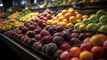 supermercado , Fruta y vegetal zona, generativo ai foto
