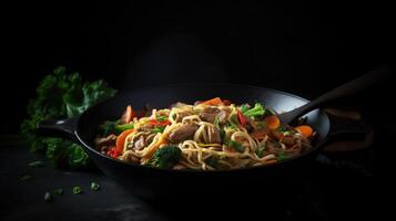 Stir fry noodles with vegetables and beef in black bowl. Slate background. Copy space. photo