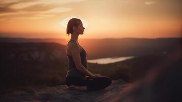 yoga a puesta de sol - mujer en meditación - atención en primer plano, generativo ai foto