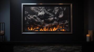 Roaring flames in a modern fireplace with shiny slate framing. photo