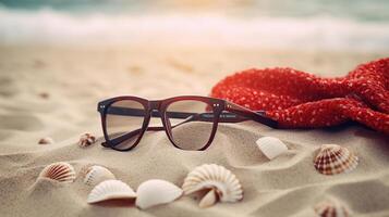 Sunglasses lying on tropical sand beach. party. white towel on desk and red glasses with seashells. Sunglasses on the beach. photo