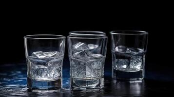 Vodka. Shots, glasses with vodka with ice. Dark background. photo