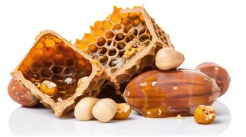 Honeycomb and wooden dippers set isolated on white background. Package design element with clipping path, photo