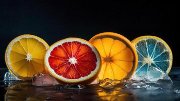 Fresh slices of citrus fruits frozen in ice on black background, photo