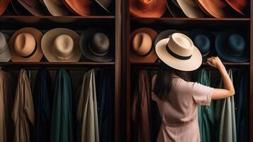 Young woman in Hat hidden Face, arranging clothes at wardrobe, photo
