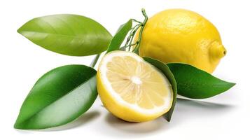 limón Fruta con hoja aislar. limón entero, medio, rebanada, hojas en blanco. limón rebanadas con ánimo aislado. con recorte camino. generativo ai foto