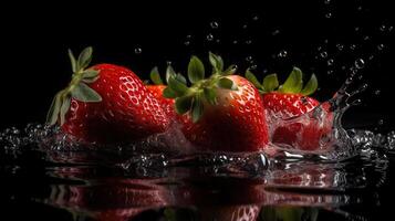 fresas que cae dentro un tanque de agua demostración movimiento y salpicaduras, Disparo en contra un negro fondo, generativo ai foto