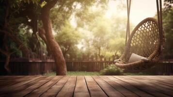 antiguo de madera terraza con mimbre columpio colgar en el árbol con borroso naturaleza fondo, generativo ai foto