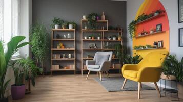 Interior of living room with shelving unit, houseplants and armchair, photo