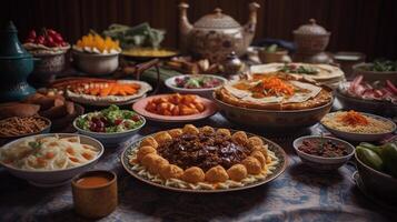 tradicional oriental platos en mesa. celebracion de eid al fitr, eid adha, generativo ai foto