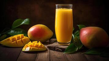 Fresh tropical fruit smoothie mango juice on wooden background with leaves and fruits, photo