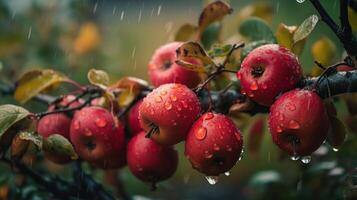Autumn day. Rural garden. In the frame ripe red apples on a tree. It's raining Photographed garden, photo