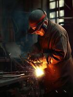 A skilled worker, wearing safety goggles and protective gloves, is diligently operating in a well-lit forging workshop. photo