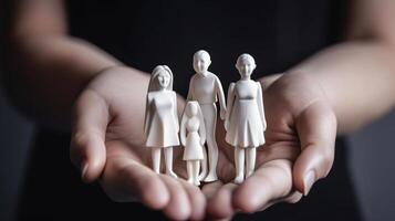 Female hands holding white family figures, photo