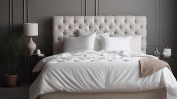 cómodo cama con suave blanco colchón, frazada, generativo ai foto