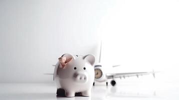 Save your money for travel. Piggy bank with coins, airplane and financial documents on a white desk, photo