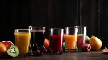 Glasses with different juices and fresh fruits on table, photo