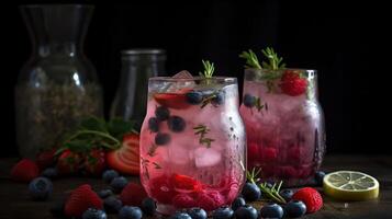 Berry drink with crushed ice and thyme. Strawberry and blueberry lemonade. Summer refreshing drink. Generativ Ai photo