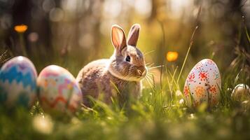 decorado huevos y linda Conejo en soleado primavera prado con desenfocado resumen luces, generativo ai foto