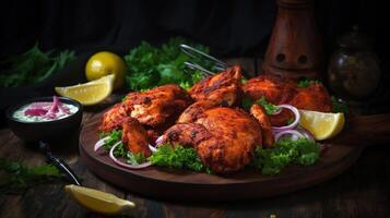 hecho en casa tandoori pollo servido con ensaladas, árabe picante comida concepto, generativo ai foto