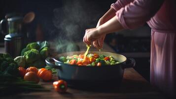 mujer poniendo vegetales en Cocinando maceta en mesa en cocina, generativo ai foto