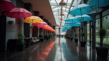 Stylish interior of modern hall with umbrellas, photo