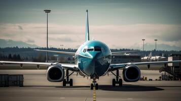 avión a el terminal portón Listo para quitarse - moderno aeropuerto durante puesta de sol - concepto de emocional viaje alrededor el mundo, generativo ai foto