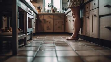 Barefoot woman near counter in kitchen, photo