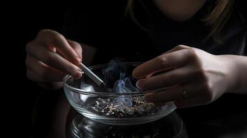 mujer participación latente cigarrillo terminado vaso cenicero a gris mesa en contra negro fondo, generativo ai foto