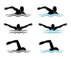 swimming styles icon on white background, man swimming silhouette. Wave designs. Vector illustration