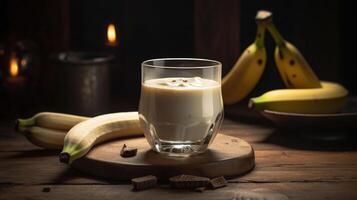 Glass of tasty vanilla pudding with banana on wooden table, closeup, generative ai photo