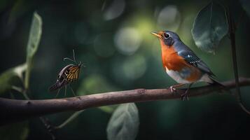 Beautiful background image of a wild robin with stunning colors and a monarch butterfly standing on a branch. Tiny and cute bird looking at a prey butterfly, generative ai photo