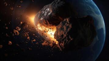 meteorito impacto en tierra - despedido asteroide en colisión con planeta, generativo ai foto