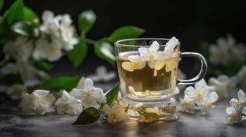 Composition with cup of jasmine tea and flowers on light background, photo