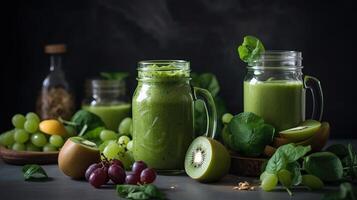 Glass jar mugs with green health smoothie, kale leaves, lime, apple, kiwi, grapes, banana, avocado, lettuce. Raw, vegan, vegetarian, alkaline food concept. photo