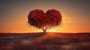 Heart Tree - Love For Nature - Red Landscape At Sunset, generativ ai photo