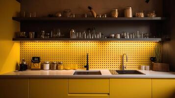 stylish kitchen interior with white counters, peg boards and yellow wall, photo