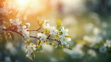 Spring blossom background. Beautiful nature scene with blooming tree and sun flare. Sunny day. Spring flowers. Beautiful Orchard. Abstract blurred background, generative ai photo