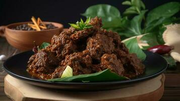 Rendang is an Indonesian West Sumatra Minangkabau spicy meat that slow cooked in coconut milk and mixed spices, generativ ai photo